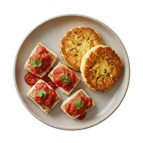 Keto Tropical Fish with Chili Tomato Sauce and Roasted Cauliflower Patties